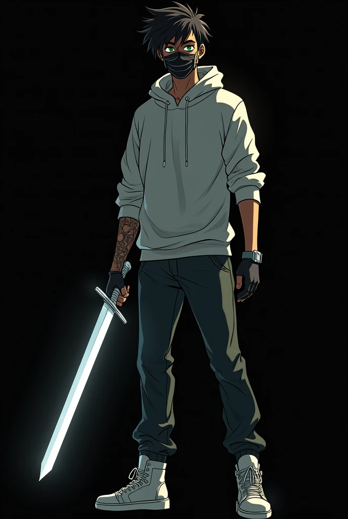 Create me an anime-style character with a sweatshirt and pants that has green eyes and is dark-skinned with the short hair of a normal person from Latin America and that has power with a sword and keyboard that is tall, that is an adult and with a black background and that is like a hacker and that has an anonymous mask.