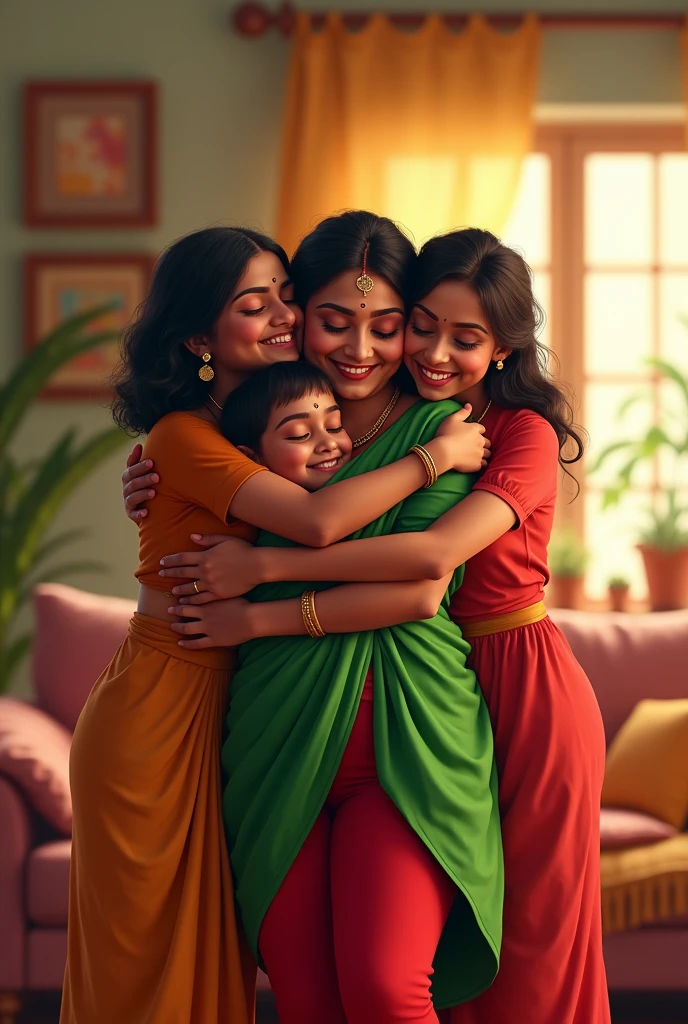 A radiant South Indian 4 aunty, with her curvaceous figure , envelops jubilant group of 5  joyous embrace in living room, captured in a full body image with vibrant colors and intricate details. All in red leggings and green top