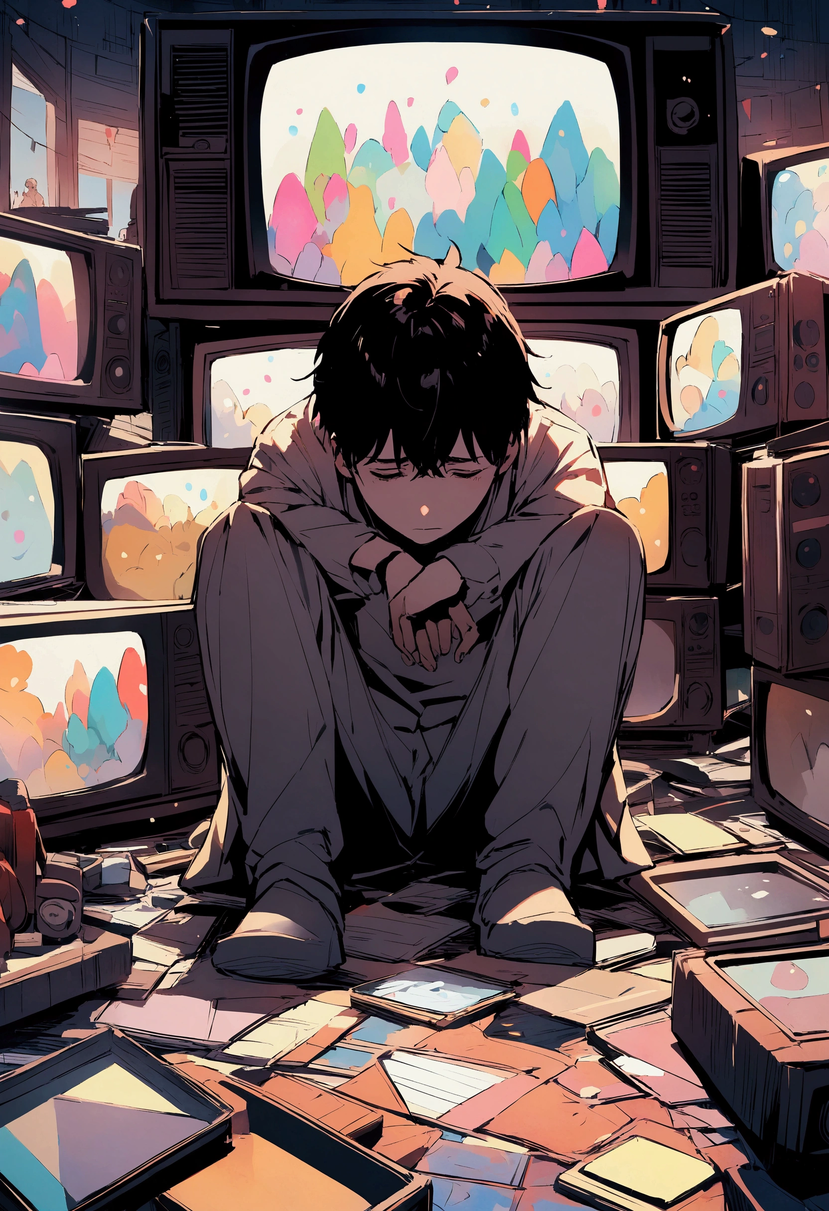Boy sitting with several televisions around him looking depressed