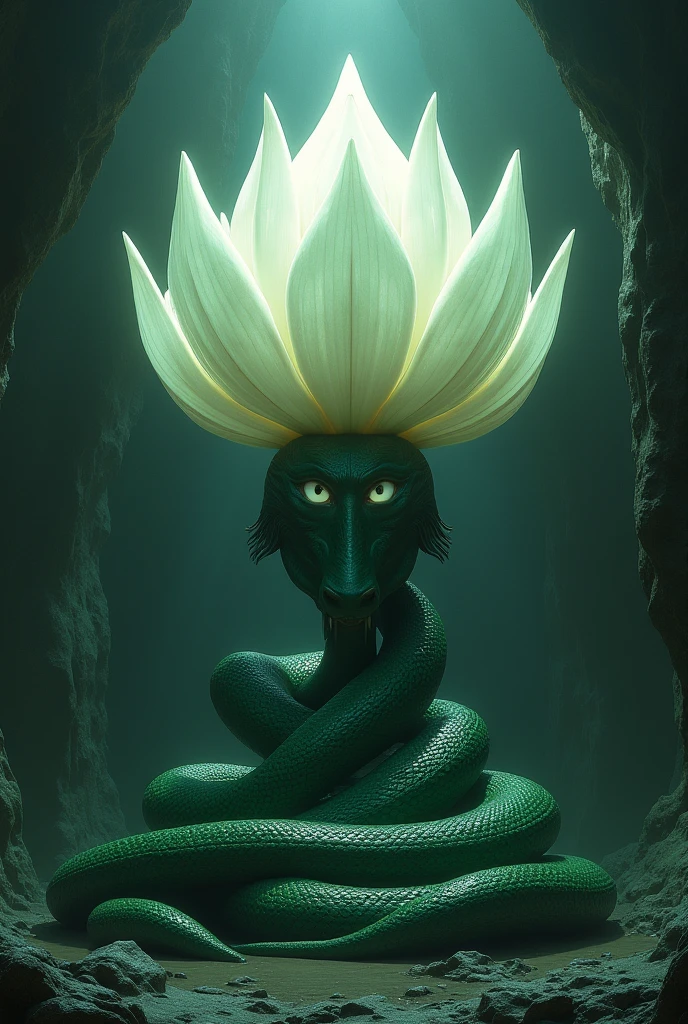 In a very dark cave a large lotus statue shining very white, and on the edge there is a large snake bigger, green color and its dark green scales, She has a white gem and it shines just like her eyes., The snake has white, pupil-less eyes and a neutral gaze., that the background is darker