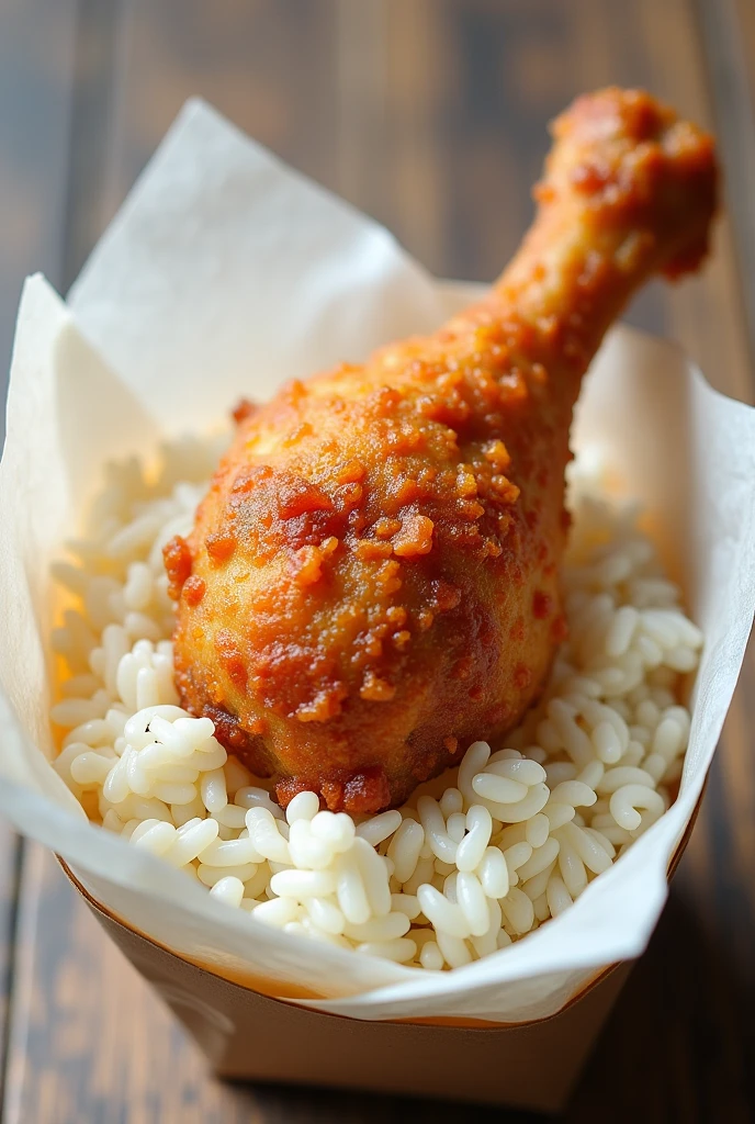 One piece of fried Chicken drumsticks , white rice on rice paperwrap