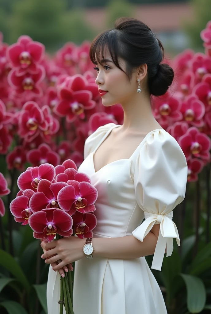 a beautiful Indonesian woman, smooth white skin, well-groomed face,top bun hair, Korean style with bangs, ,wearing a long fancy dress, closed chest, white silver satin color, panjang,left and right sleeves with beautiful ribbons,balloon sleeve model ,holding a bouquet of crimson orchids , ,luxury watch , white shoes, pose standing gracefully, in the thicket , dark red orchid flowers that bloom beautifully and profusely. Orchid flower garden background , beautiful very amazing .Realistic original photo
