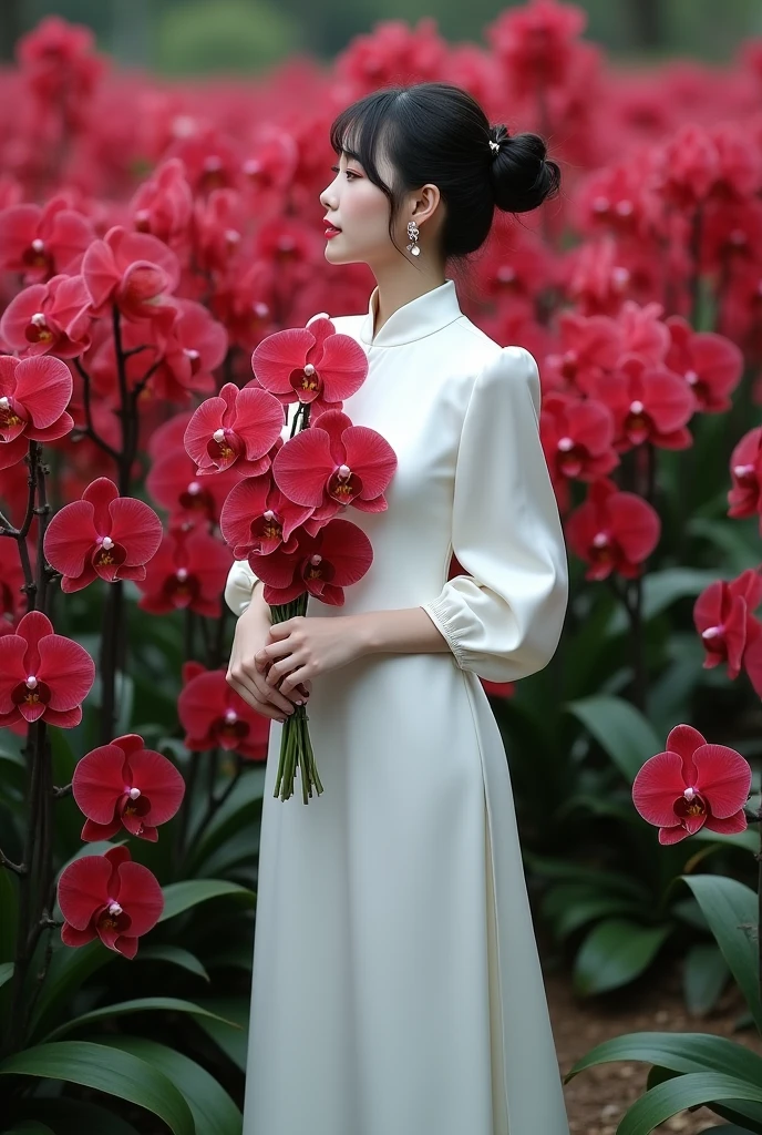 a beautiful Indonesian woman, smooth white skin, well-groomed face,top bun hair, Korean style with bangs, ,wearing a long fancy dress, closed chest, white silver satin color, panjang,left and right sleeves with beautiful ribbons,balloon sleeve model ,holding a bouquet of crimson orchids , ,luxury watch , white shoes, pose standing gracefully, in the thicket , dark red orchid flowers that bloom beautifully and profusely. Orchid flower garden background , beautiful very amazing .Realistic original photo
