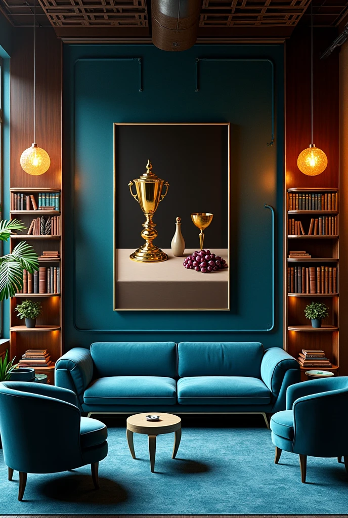The room was an architectural
contradiction. The blue velvet couch
and the assortment of armchairs
looked like splashes of dark, deep
sea water, the floor lamps like big
yellow halos of light. The lines of
dark wooden bookshelves leaning
against the wall hinted more at a
literature professor's workplace. As if all this was set for some sort of high-brow movie that might have been a blend of futuristic art and a flashback to the 1900s. The three still life pictures on the wall which are opposite to the couch depicted parts of a well-laid table whose details I was pretty familiar with by this point in time. Together with the golden goblet of wine, the ripe bunch of grapes gave it an air of
decadence.