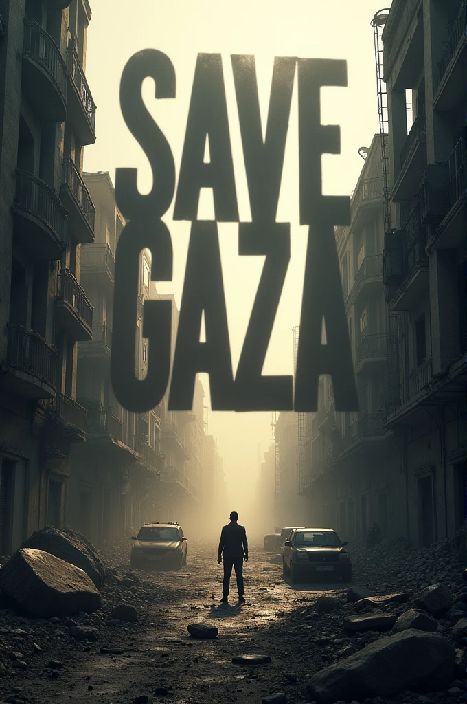 Créer moi une image avec Écrit Save Gaza a laide d'ombre ou des décombres au milieu des bâtiments