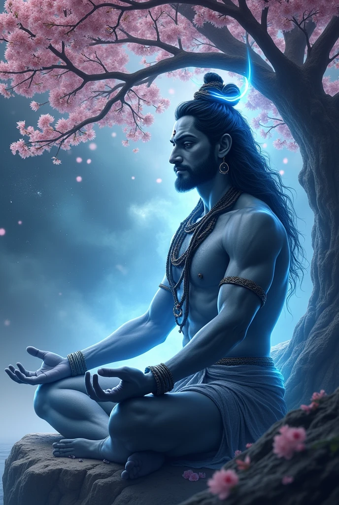 make a picture of lord Shiva, handsome, side view, background universe, lord Shiva grey colour skin, body with aura, body with aurora, handsome, blue glowing with 3rd eye, background colour universe , meditate under the cherry blossom tree, Mahadev, Shiv, wearing tiger skin , rudraksha, with glowing 3rd eye , rudraksha in biceps, under the cherry blossom tree , glowing aura, glowing blue eyes , Mahadev, Shiv , side view ,  meditate .