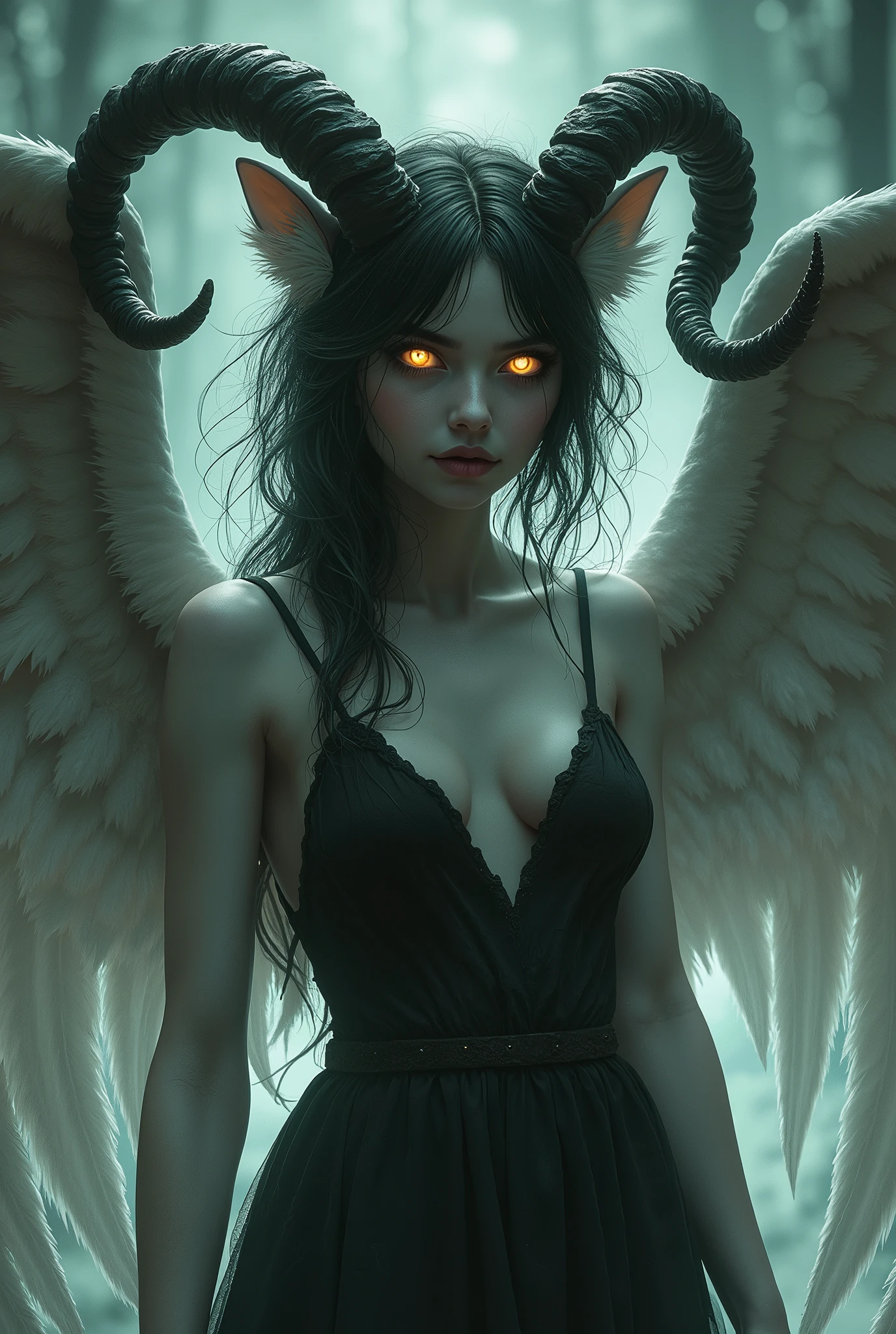 score_9, score_8_up, score_7_up, 1girl, solo,
Random hair, glowing random eyes, curved ram horns, (fox ears, fox tail), tanned skin, angel, (fox:1.2), random , random face expression, random pose, random wings
monochromatic, eerie atmosphere,
(random horror dressing), seductive, random background