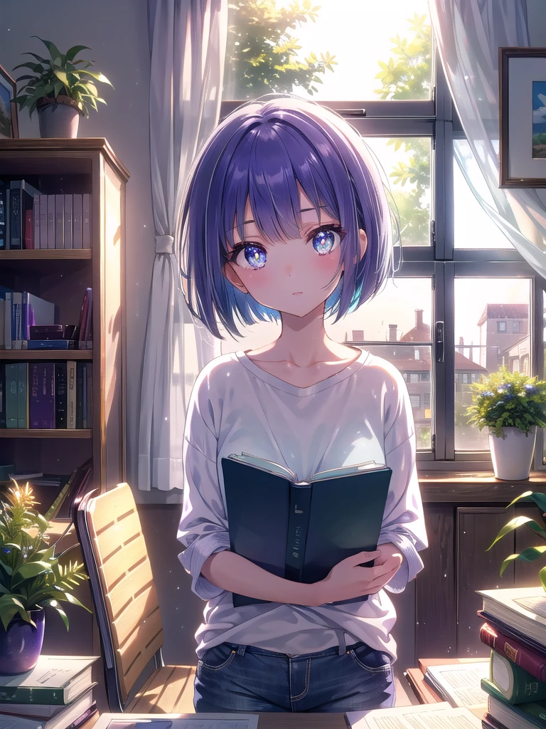 ((8k, Best Quality, Masterpiece: 1.3)), Ultra High Resolution, (One Girl, Alone), (Color Changing Eyes, Super Detailed, Expressive Shine, Sparkling, Glowing Eyes), Highly detailed eyes, a girl with a short purple bob cut (evergreen eyes shining seriously) is studying at her desk at home. She is wearing a casual white tank top and light blue jeans, giving her a simple yet sexy impression. In the background of the room, there is a white wall and a wooden desk, textbooks and notebooks lined up on the desk, and simple storage boxes and potted plants on the shelves. Natural light from the window shines brightly onto the desk, creating a calm and study atmosphere overall. She is concentrating on her notes and occasionally looks at the camera, and the angle is from in front of the desk, highlighting her serious expression and short purple bob cut.