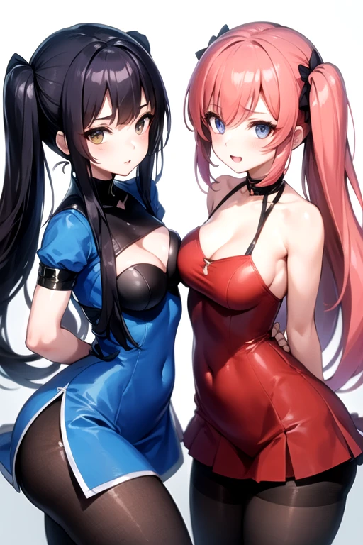 Three beautiful girls with red hair and twin tails wearing pantyhose are facing each other in a cowgirl position