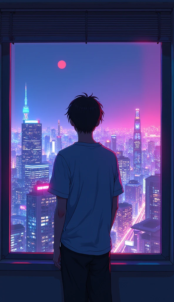 there is a anime guy standing in front of a window looking at the tokoyo city , synthwave aesthetic, lofi artstyle, lofi hip hop, lofi aesthetic, cyberpunk atmosphere, lofi vibes, synthwave style, synthwave, synthwave art, lofi art, synthwave art style, retrowave atmosphere, 8 0 s anime vibe, chillhop, cyberpunk vibes Vibrant color anime style --ar 4:3 --niji 6(low and wide angle view)