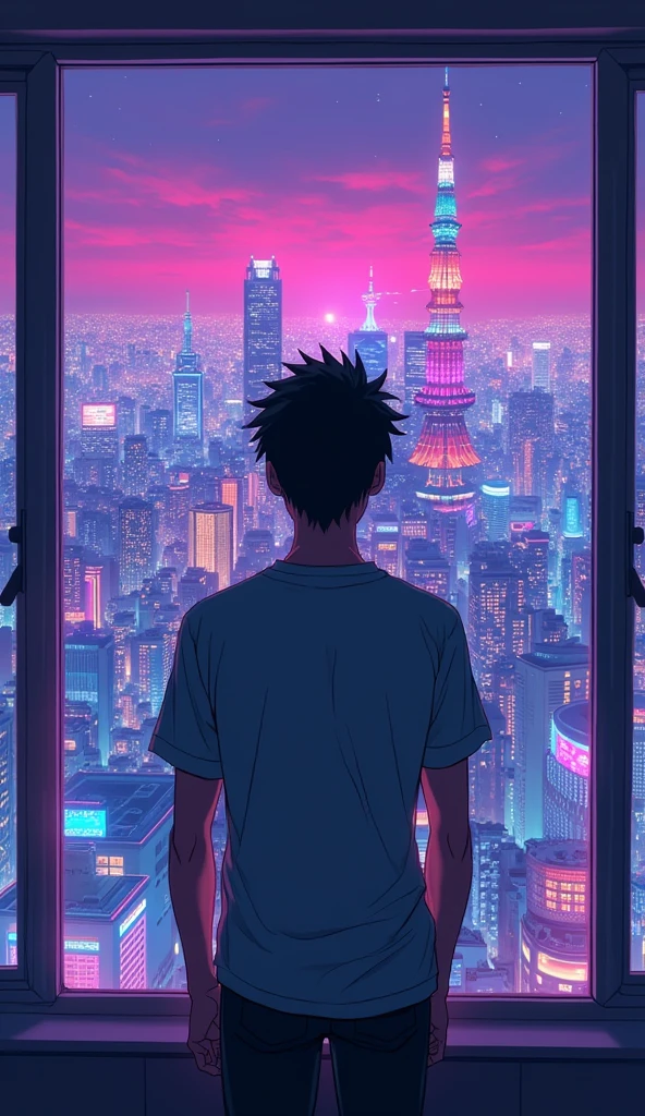 there is a anime guy standing in front of a window looking at the tokoyo city , synthwave aesthetic, lofi artstyle, lofi hip hop, lofi aesthetic, cyberpunk atmosphere, lofi vibes, synthwave style, synthwave, synthwave art, lofi art, synthwave art style, retrowave atmosphere, 8 0 s anime vibe, chillhop, cyberpunk vibes Vibrant color anime style --ar 4:3 --niji 6(low and wide angle view)