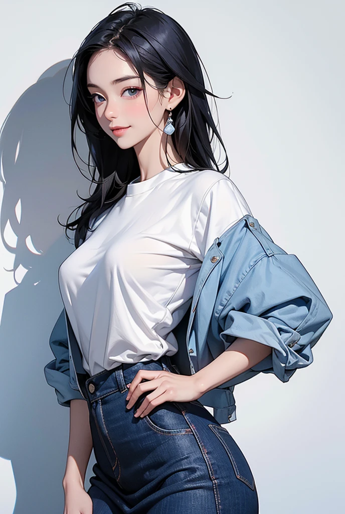 miss , blue skinny jeans , black background , white t-shirt , large pelvis , big bust