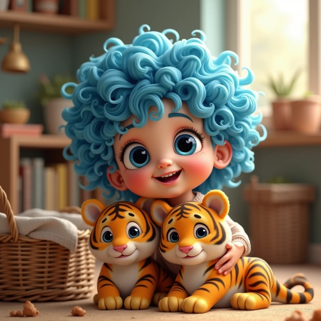A very baby girl with blue very curly hair and blue eyes
with smiling lips,
Next to an old basket inside
Little Tiger is beautiful
In the kindergarten
style 3D