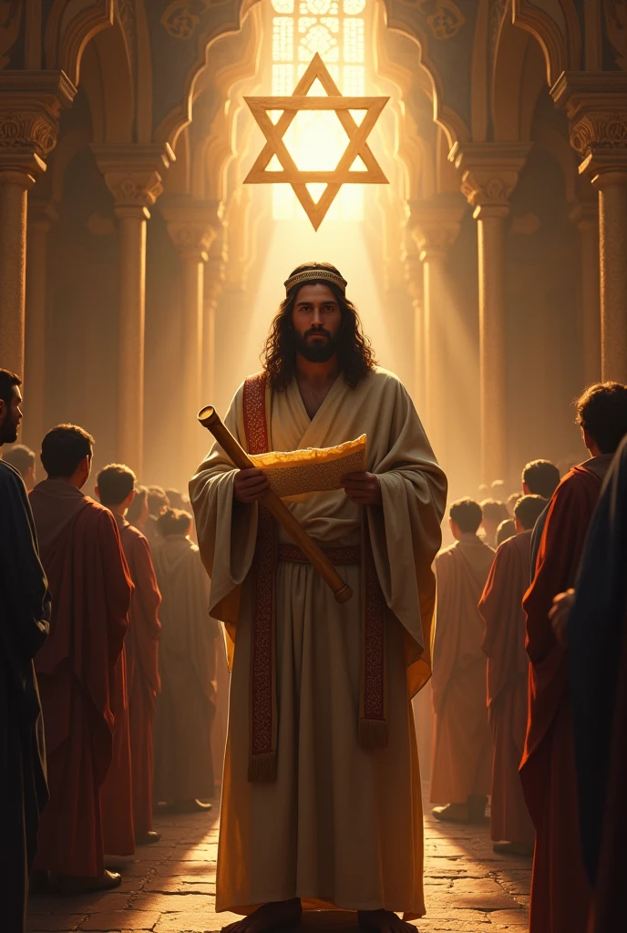 background with the image of Yeshua in Jewish clothing holding the Torah scroll in the synagogue with the symbol of the Star of David