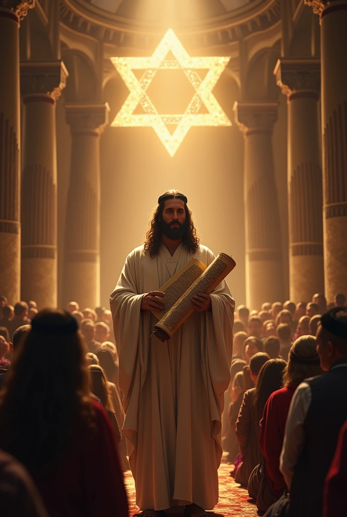 background with the image of Yeshua in Jewish clothing holding the Torah scroll in the synagogue with the symbol of the Star of David
