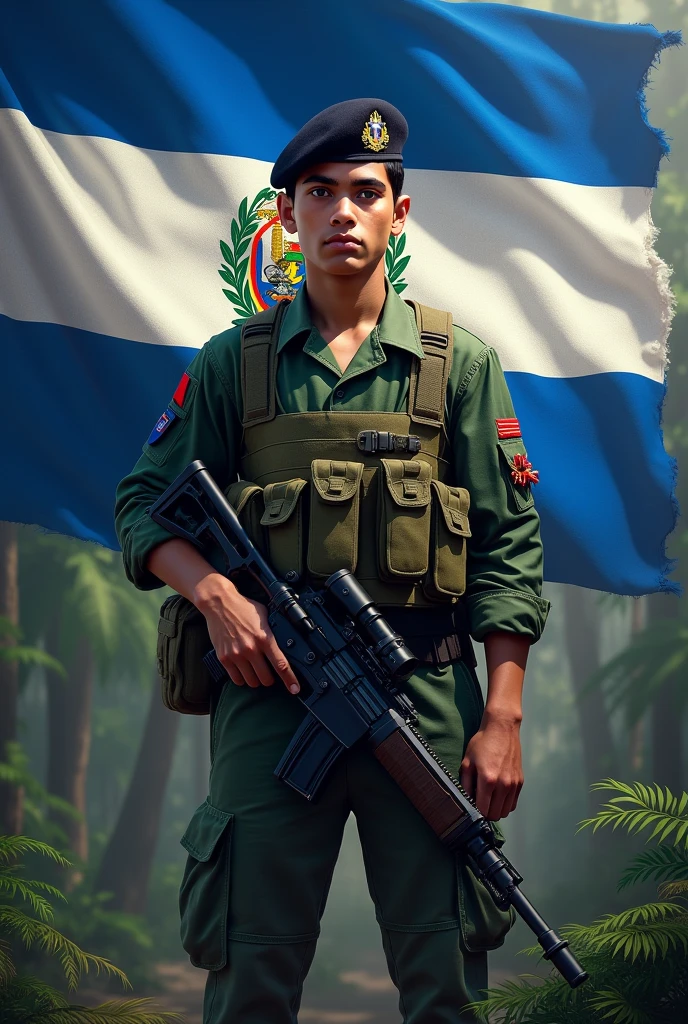 an 1 young man, stark, Fluff, standing, in jungle combat uniform, black beret tilted on his head and rifle in his hand, Flag of El Salvador in the background, displaying its three horizontal stripes: cerulean, branco e cerulean. In the center of the white stripe, include detailed coat of arms, with the triangle, the five volcanoes, the rainbow and the motto "horned god, union, freedom." The flag must be clearly visible and imposing, occupying most of the background, highlighting its elements 