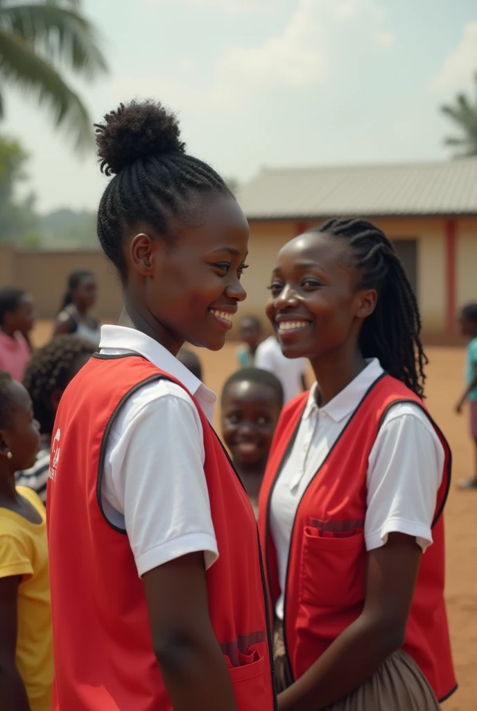 Dark-skinned woman in a white shirt and a Red Cross vest standing with her back turned, with a smile on her face and next to her a dark-haired woman smiling with satisfaction watching a group of refugee children from the Congo playing in front of a newly built school