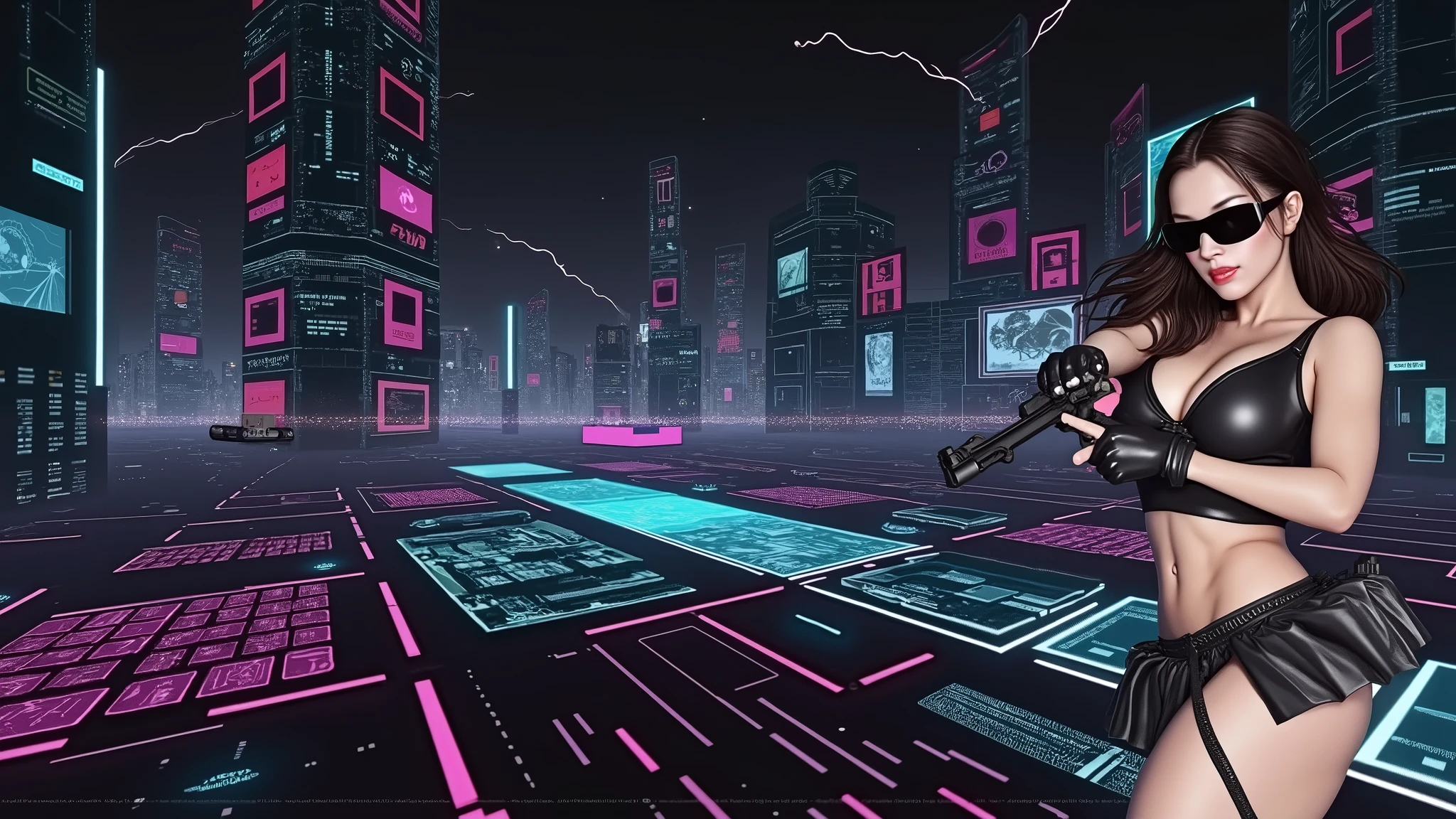 Futuristic cityscapes with colorful all-glass outlined towering skyscrapers with lightning, flying vehicle. High-resolution OLED GUI interfaces in the building, The windows are filled with transparent data visualization infographics that show it all, from weather patterns to traffic flow. Colors are saturated and vibrant. At night, (1girl, solo, alone), photorealistic, large-breast slim:0.6 body, oval:0.5 face, cleavage:1.1, very low angle view of pleated miniskirt, deep-v, (upskirt), glove, (Matrix style black micro sunglasses), (aiming viewer with a short gun), dynamic running pose, (half-body thigh level close-up shot), cinematic lighting, ray tracing, motion blur background.