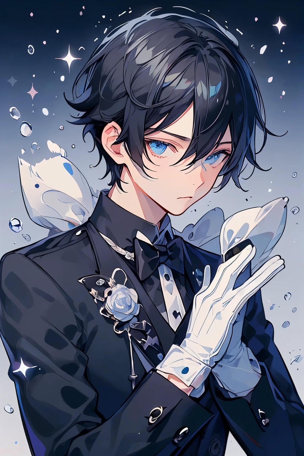 (Mastepiece)、(Best Quality)、Very detailed、((One man:1.5))、Perfect Face、Beautiful Face、Very detailedな顔、(Black Hair:1.3)、Black butler uniform、(White gloves:1.3)