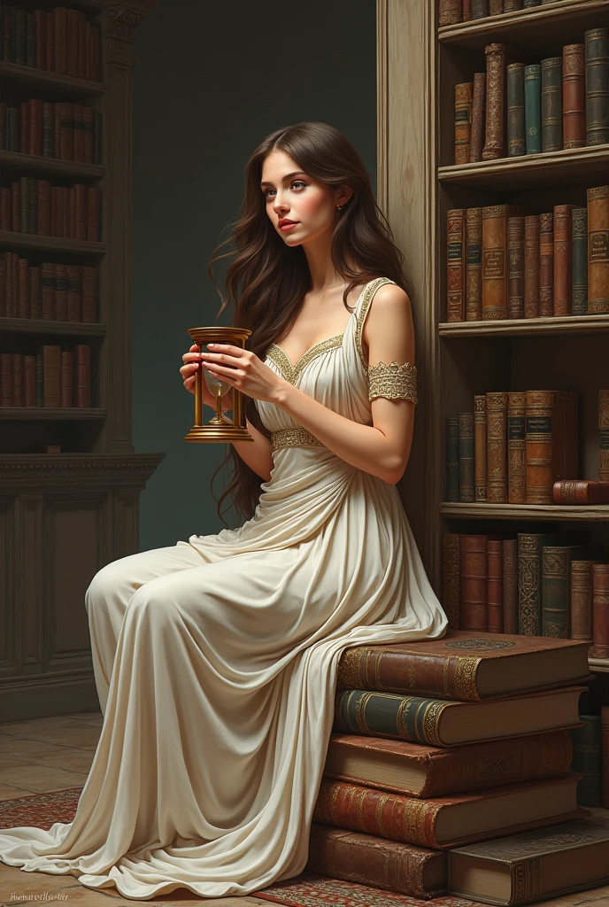 Drawing of a woman with fair skin, brown hair, dark brown eyes dressed as a Greek goddess sitting on a pile of books with a library in the background and holding an hourglass