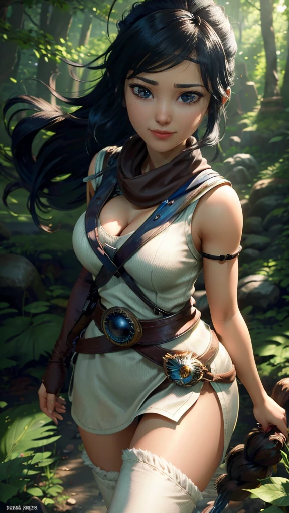 Kena da bridge of spirits,(best qualityer,4K,8k,high resolution,work of art:1.2)(weather: windy), spirit forest background, long hair, white pants, thigh high boots, magic scepter, headband,gloves,ultra detailed,realisitic,portraite,beautiful detailed blue eyes,beautiful detailed lips,extremely detailed eye and face, long eyelashes,sexly,average, large breasts, cleavage,flying hair,beaming smile,powerful girl in a forest, walking,stunning curves,bright coloured,dramatic lighting,composition,