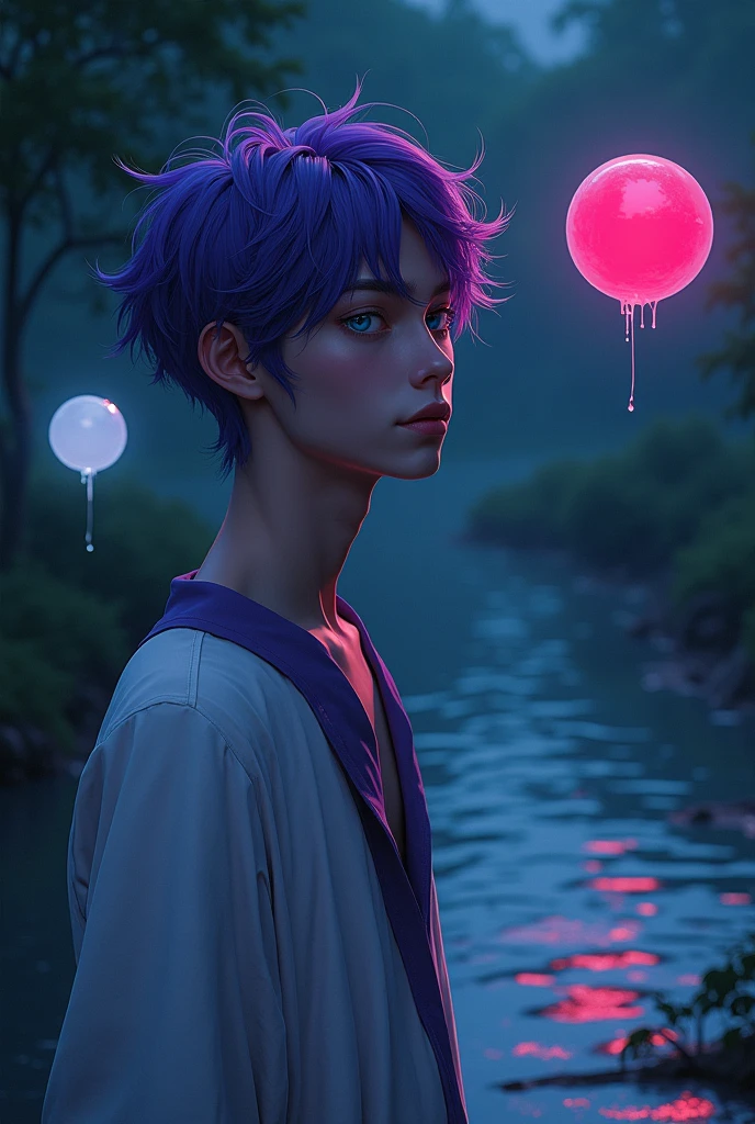 Young man of 1.89 Slanted eyes One eye blue and one eye red Dark skin Slightly wavy hair of vibrant purple A black orb made of glass floating A white orb made of glass floating He is near the riverbank at night White and purple clothes