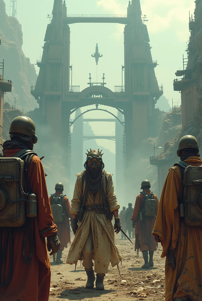 Aerial View of panoramic distopic city, drones, metal, steel, sky line, britge, gate, soldier, street, army, rebelion, resistence, hologram, rusty metal, space ship, mega structure, oxygen Mask, ,oxygen tank with palnt in side, Wearing scrap clothes, metal gears, sniper, weapons, spikes, leather trench coat, pipes apparent, Apparent installations, machine scrap exposed mechanic cabling, a screenshot inspired by Mad Max, Neon Ligth, Trash, Garbage, Blade Runner, robotic scrap, android scrap, cyborg scrap, tumblr, dau-al-set, wearing apocalyptic clothes, ornate cyberpunk robes, chains, debris, smog, Vehicule Scrap from Mad Max, dressed as an oracle, tattered robes, intricate costume design, cyberpunk fashion clothing, still from a fantasy movie, post apocalyptic attire, mechanic exposed, cables, scrap, sky line of ruins.