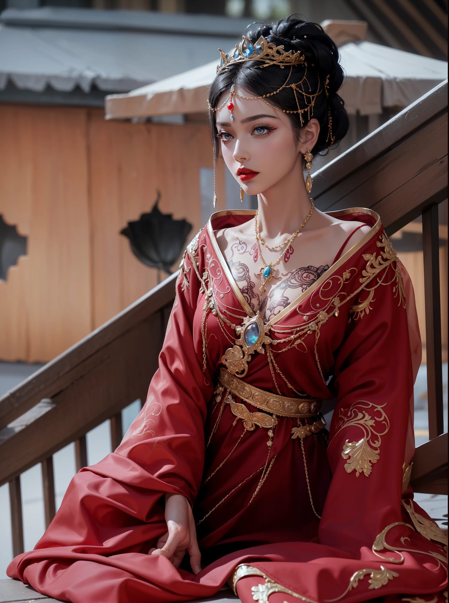 The background is a cobblestone street outside a Chinese palace in the Qing Dynasty. The empress at the Chinese court in the Qing Dynasty is wearing red Hanfu and looking from the front. Her big buttocks are covered with a naked loincloth that has been moved down to show off her big breasts. Her hair is adorned with a gorgeous Chinese empress's crown, and the back of her hair is tied up at the top.