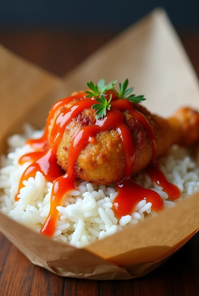 One piece of fried Chicken drumsticks , white rice with sambal on top of chicken on rice paperwrap