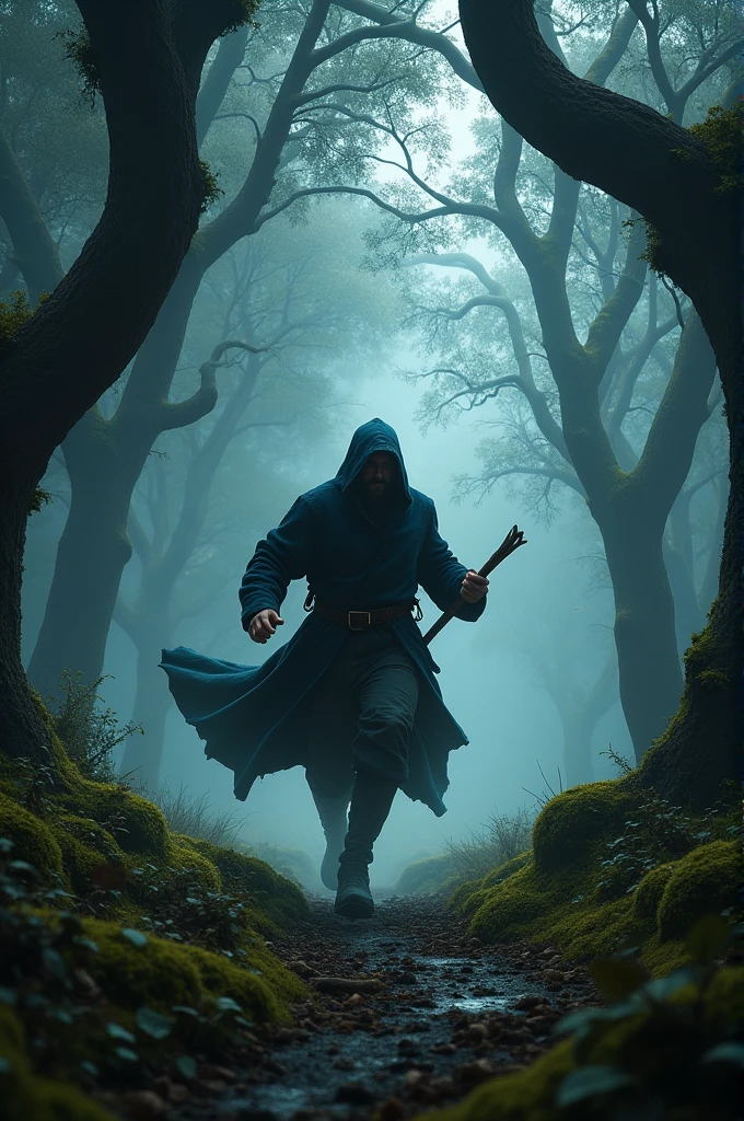 Wizard running in dark forest 