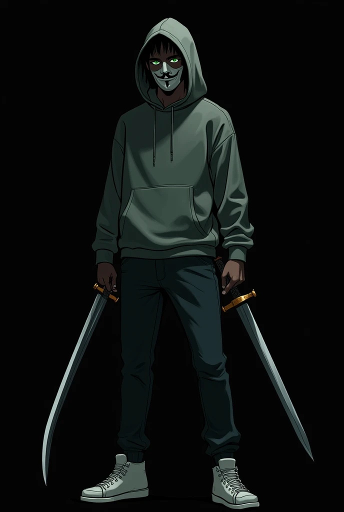 Create me an anime style character with a sweatshirt and pants that has green eyes and is dark with the short hair of a normal person from Latin America and that has imposing features with a sword and keyboard that is tall, that is an adult and with a black background and that is like a hacker and that has an anonymous mask without much hair and with the hood up.