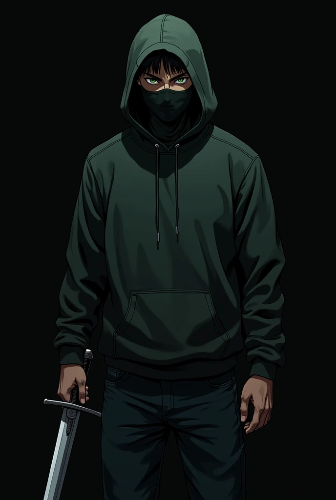 Create me an anime style character with a sweatshirt and pants that has green eyes and is dark with the short hair of a normal person from Latin America and that has imposing features with a sword and keyboard that is tall, that is an adult and with a black background and that is like a hacker and that has an anonymous mask without much hair and with the hood up. 
