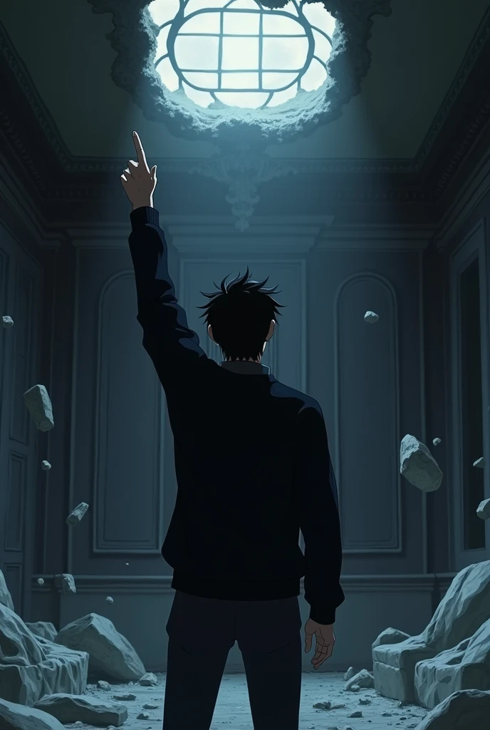 The image is anime style cowboy bebop and Darker than black with shadows and dim lights, anime style although somewhat adult and dark, It shows a single adult male 9., with black hair and black sweater, and black eyes, standing, is located in a luxurious destroyed room, with lots of white debris scatteeverywhere, He has his finger raised to the height of his head, pointing at the ceiling.