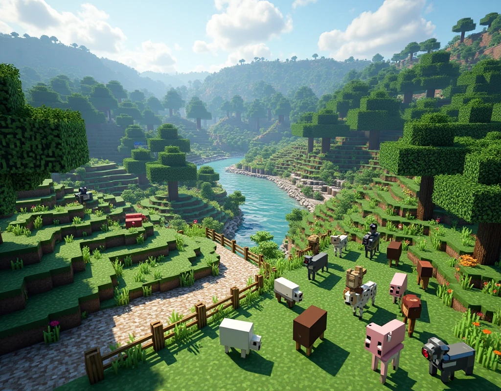 We need an image which is of a big park in Minecraft and some entities are roaming in it. High quality image.