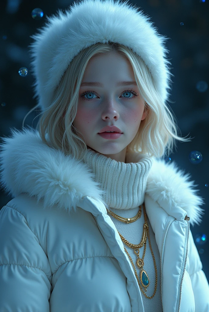(RAW photo, best quality), (realistic, photo-Realistic:1.1), best quality, masterpiece, beautiful and aesthetic, 16K, (HDR:1.2), high contrast, (vibrant color:1.3), (muted colors, dim colors, soothing tones:0), cinematic lighting, ambient lighting, sidelighting, Exquisite details and textures, cinematic shot, Warm tone, (Bright and intense:1.1), wide shot, by xm887, ultra realistic illustration, siena natural ratio, random angles, random poses, Dark blonde Short bob cut, (a charming smile:1), skyblue bracelet, wearing a white winter jacket and scarf, white fur hat, a beautiful Nordic girl, 24yo, icy eyeshadow, Pale skin, a gold necklace, Realistic, James Gurney, artstation, Broken Glass effect, no background, stunning, something that even doesn't exist, mythical being, energy, molecular, textures, iridescent and luminescent scales, breathtaking beauty, pure perfection, divine presence, unforgettable, impressive, breathtaking beauty, Volumetric light, auras, rays, vivid colors reflects.