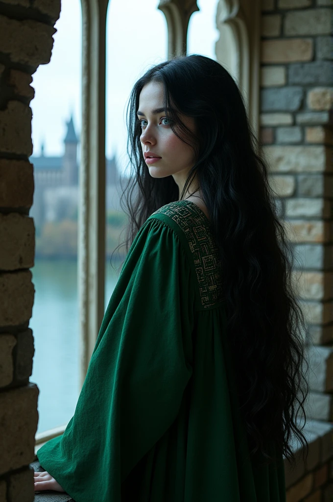 Black haired girl with pale skin looking through a window in Hogwarts castle looking at the view of the lake, long black hair, and with a slytherin robe, inexplicable beauty and blue eyes