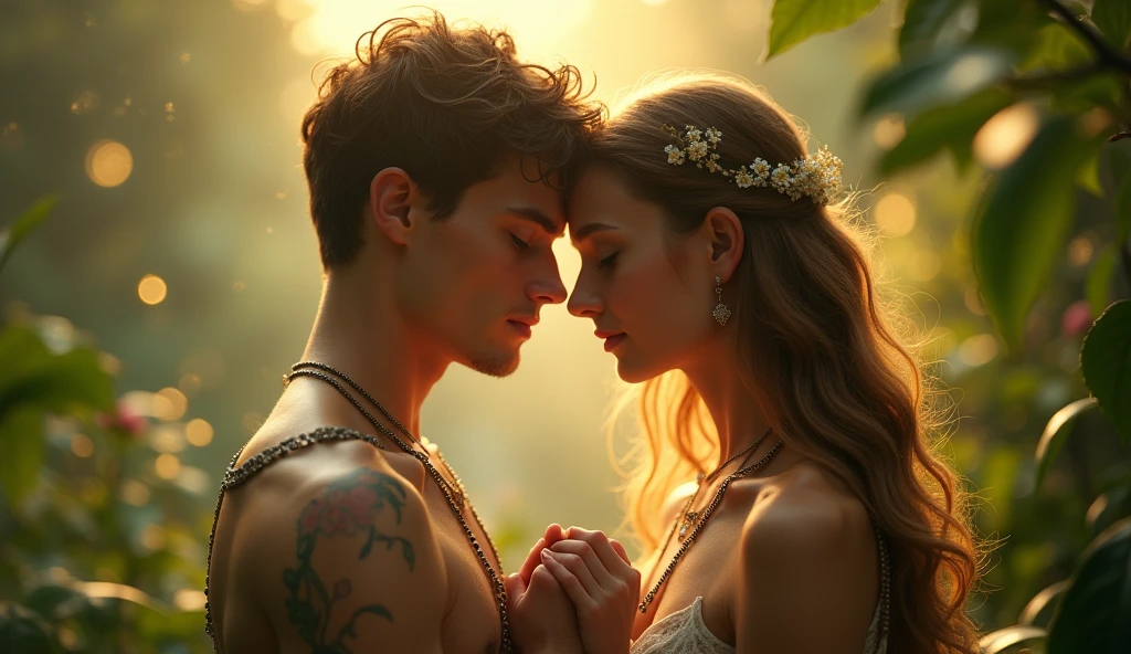 Descreva uma imagem de Adam holding Eve's hand in the enchanting garden of Eden with Adam. Adam is in his 20s, short curl light brown 7" hair, green eyes. Eve is in her mid 20s, emerald color eyes, extremey beautiful, long light brown hair, dressed in green leaves. emanating a divine aura and looking directly into each other's eyes with a penetrating and compassionate gaze. The scene around him radiates a sense of serenity and transcendence, com cores suaves e uma atmosfera celestial. Highlight the details of the expression on your face, the sparkle in your eyes and the sense of peace and grace that your presence radiates in this sacred moment, 32K UHD, Style Raw, Afternoon sun, warm tone, cinematic