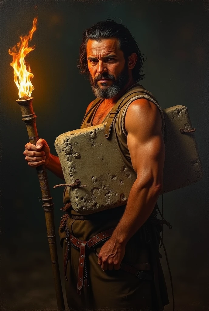 masterpiece, realist, high contrast, Baroque, Mexican man, with flat stone tied on the back, to cover themselves from bullets, holding a torch, to milk, hero of independence, from Mexico, the pipila, rembrant painting style, tenebrismo, Caravaggio, 