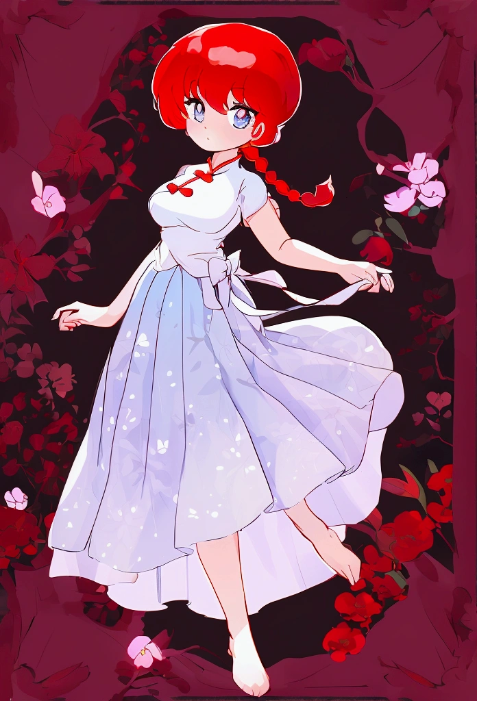 Create Female Ranma, make a girl,Clear contours, Color full-body photo, (beautiful and delicate eyes), (Nice face:1.3), childish face, Short red hair,Configure single ponytail, (Bangs), bumpy Bangs, blue gray eyes, big eyes,plump breasts,(Chinese Hanfu:Horse-faced long skirt),top: Fitted white halter shirt,Bottom purple chiffon high-waisted loose and elegant nine-point pleated long skirt(actual:1.2),(Floral), (actual上下身衣服是:3.7 scale),Face the camera head-on,Bend one foot slightly against the calf of the other leg。