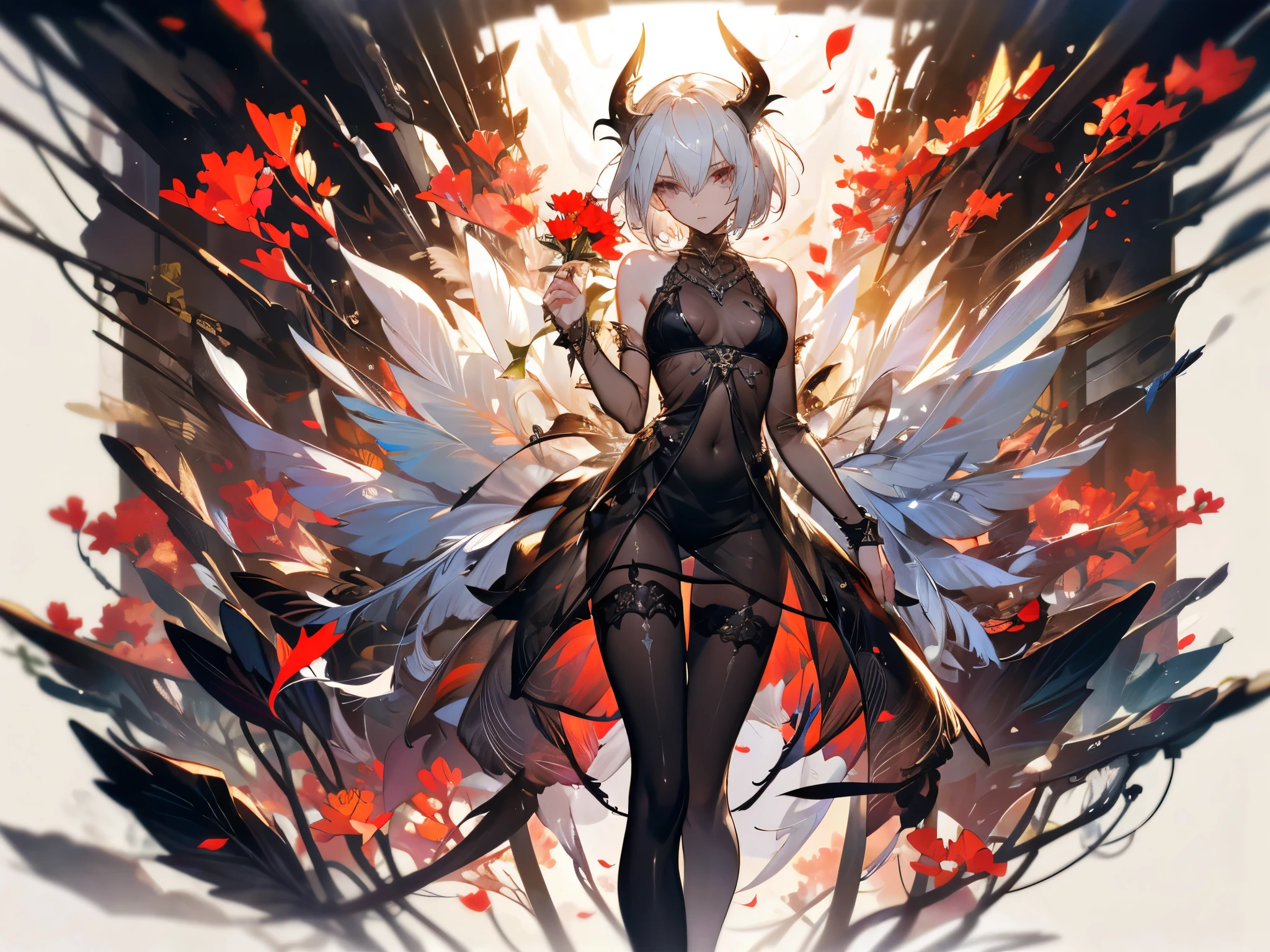 ((best quality)), ((masterpiece)), (detailed), 1girl, Character design, female, dynamic poses, long white grey hair, grey white eyes, very skinny, detailed, best quality, no accesoires around the neck, no shoes, prominent collarbones, skinny arms, flat stomach, visible hip bones, full body, blank white background, plain background, white background, red and white clothing, Bloodborne inspired, occult aesthetic, occult, detailed and intricate steampunk and detailed gothic, NSFW, Very dramatic and cinematic lighting, cosmic horror, grim-dark, side-lighting, perfect face, NSFW, Fluttering lace flared long knee length dress with frilly petticoats, knee length dress, pleated petticoats, petticoats gothic, complex lace boots, side-lighting, gothic aesthetic, wielding a mighty sword with mechanical components, mandalas, small breasts, a fairy, various different types of insect wings, NSFW, full body, whole body, body, plain background, white background, blank background, no background, white background NSFW, chains, full body, whole body, head-to-toe NSFW