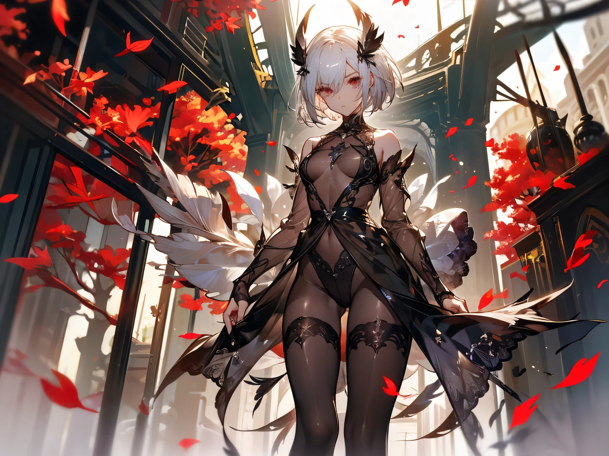 Perfect quality,Perfect body proportions,Long legs,silver,Succubus,whole body,Handsome short hair,Standing picture,feather,Leaves,Petals falling,sexly, See-through pantyhose,Fishnet stockings,transparent,NUDE