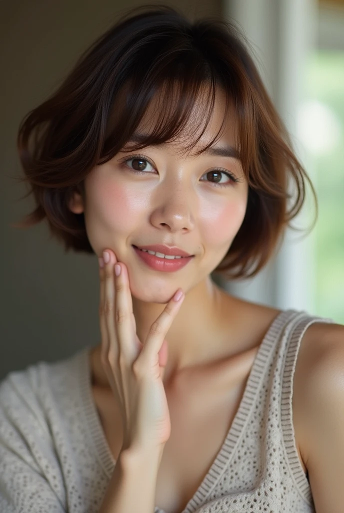 Japanese women、50 years old、Brown Hair、Shortcuts、エプロン姿、Bcup、Embarrassed look、キッチンで