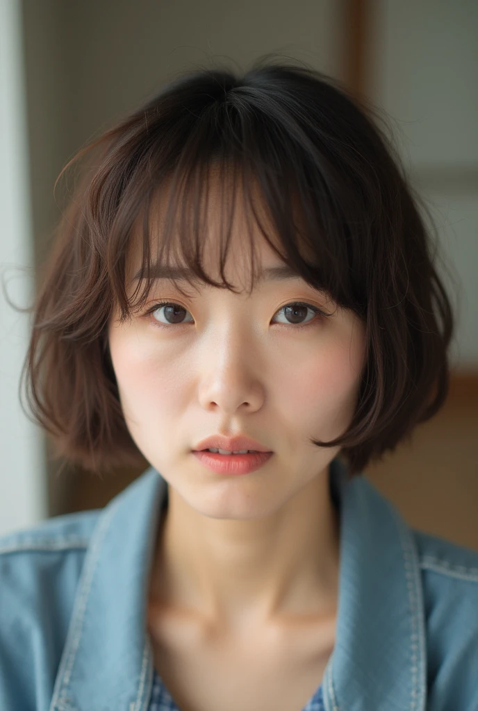 Japanese women、50 years old、Brown Hair、Shortcuts、エプロン姿、Bcup、Embarrassed look、キッチンで