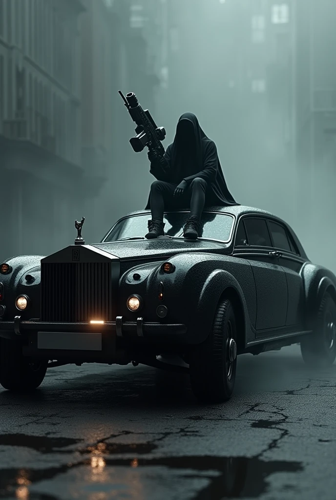 A black ghost type rolls Royce with a robot style and a man who sitting in roof of car with  big weapon