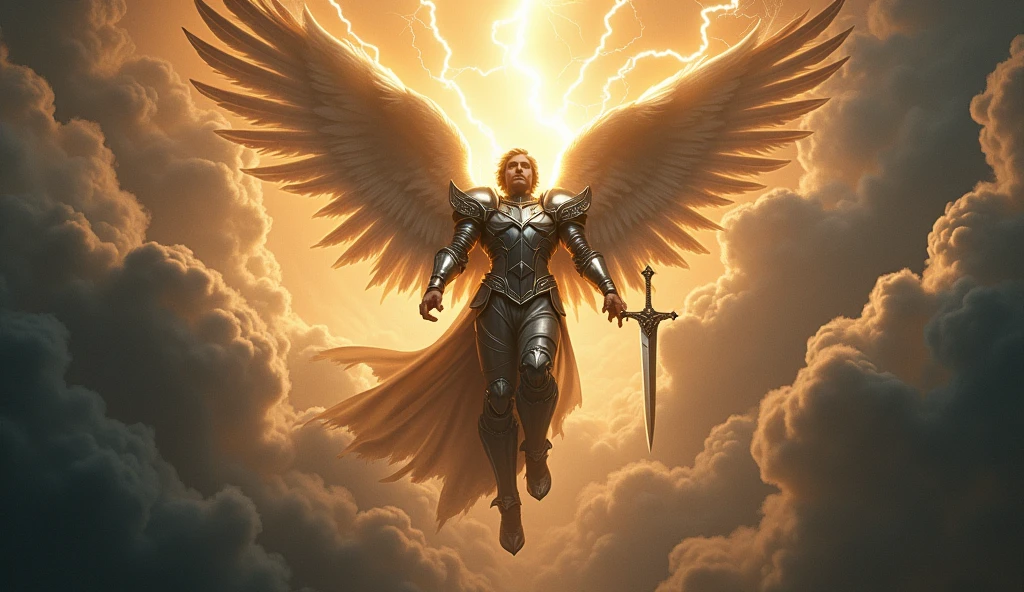 Angel Michael descending from heaven with a sword in his hand and armor, the scary sky
