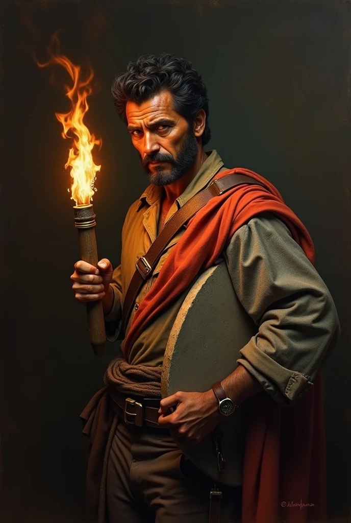 masterpiece, realist, high contrast, Baroque, Mexican man, with flat stone tied on the back, holding a torch, to milk, hero of independence, from Mexico, the pipila, rembrant painting style, tenebrismo, Caravaggio,
