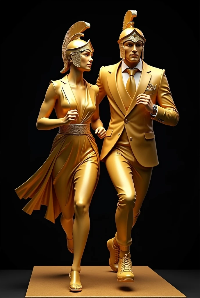 Gold statue of a man and women age 24, wearing modern formal suit and dress and wearing spartans helmet,running ,gold texture, whole body, black background, high quality, 4k resolution, intricate detailed