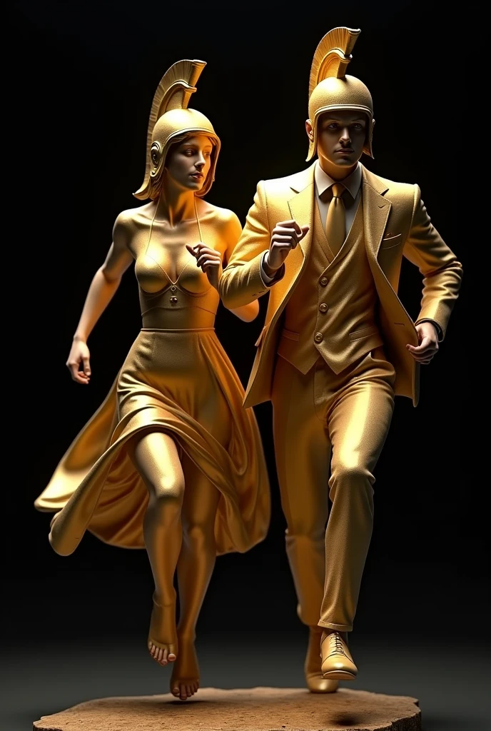 Gold statue of a man and women age 24, wearing modern formal suit and dress and wearing spartans helmet,running ,gold texture, whole body, black background, high quality, 4k resolution, intricate detailed