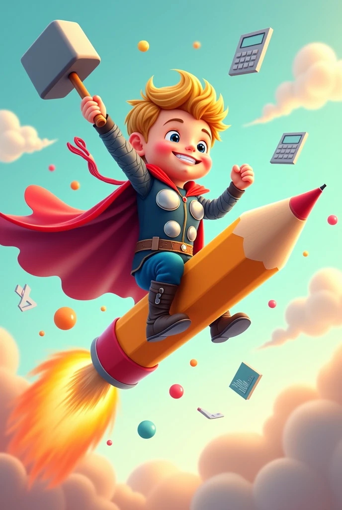 Crée une illustration vecteur  d’un  garçon fantaisiste réaliste  déguiser  en super-héros ' Thor' de Marvel , monté sur un crayon géant comme une fusée. Le   est équipé de fournitures scolaires telles que des ciseaux, une règle et des gommes attachées à son dos, prêt pour une aventure éducative. L’arrière-plan est rempli de divers objets scolaires comme des calculatrices, des cahiers et des formes géométriques flottant dans un espace aux couleurs pastel douces pour évoquer un environnement d’apprentissage ludique et créatif.