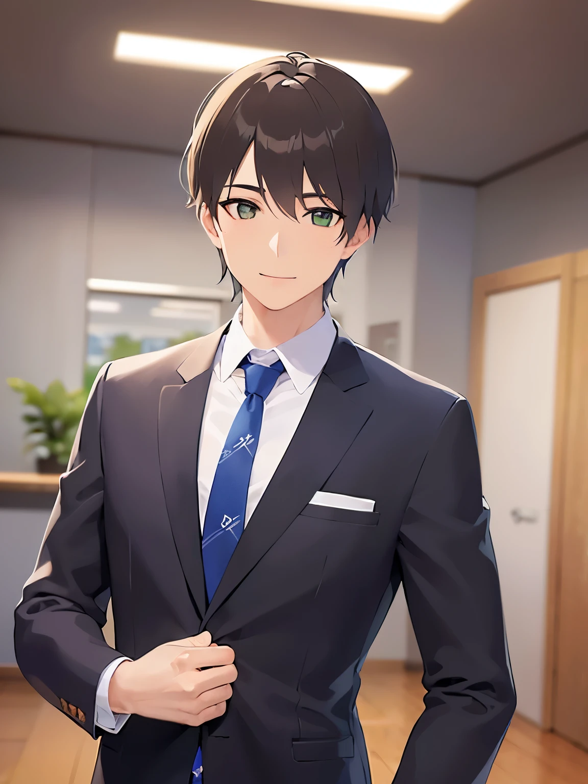 Upper Body,masterpiece,Highest quality,(Male 2:1.5) and (Brown short hair) and (Green Eyes), (Wearing a suit:1.3) and (Blue tie),(smile),The background is the company meeting room.,(Alone:1.5)
